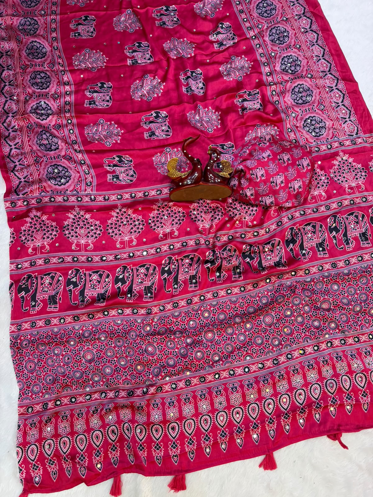 Royal Ajrakh-Inspired Printed Saree with Traditional Elephant, Tree & Paisley Motifs - PINK