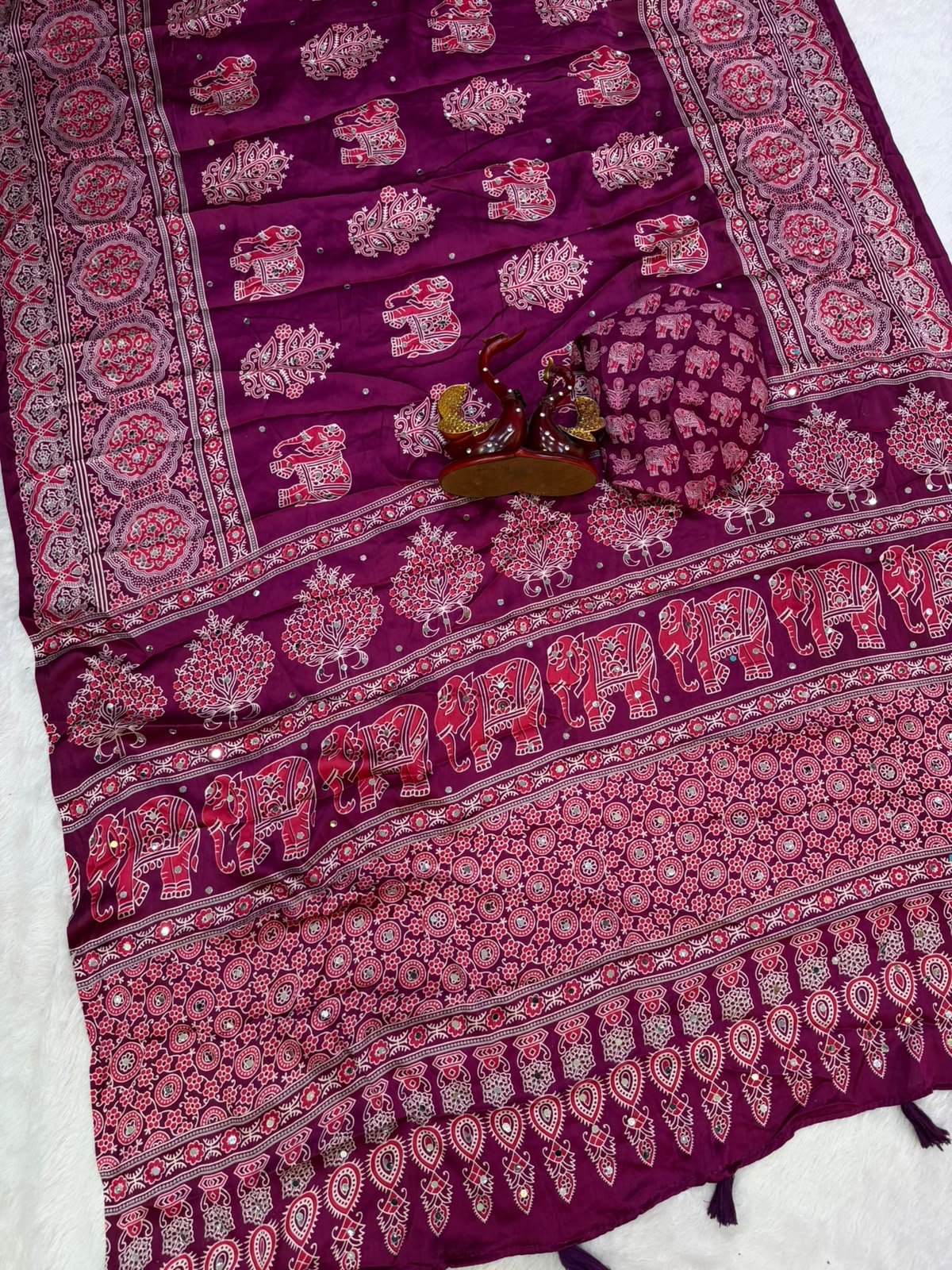 Royal Ajrakh-Inspired Printed Saree with Traditional Elephant, Tree & Paisley Motifs - WINE