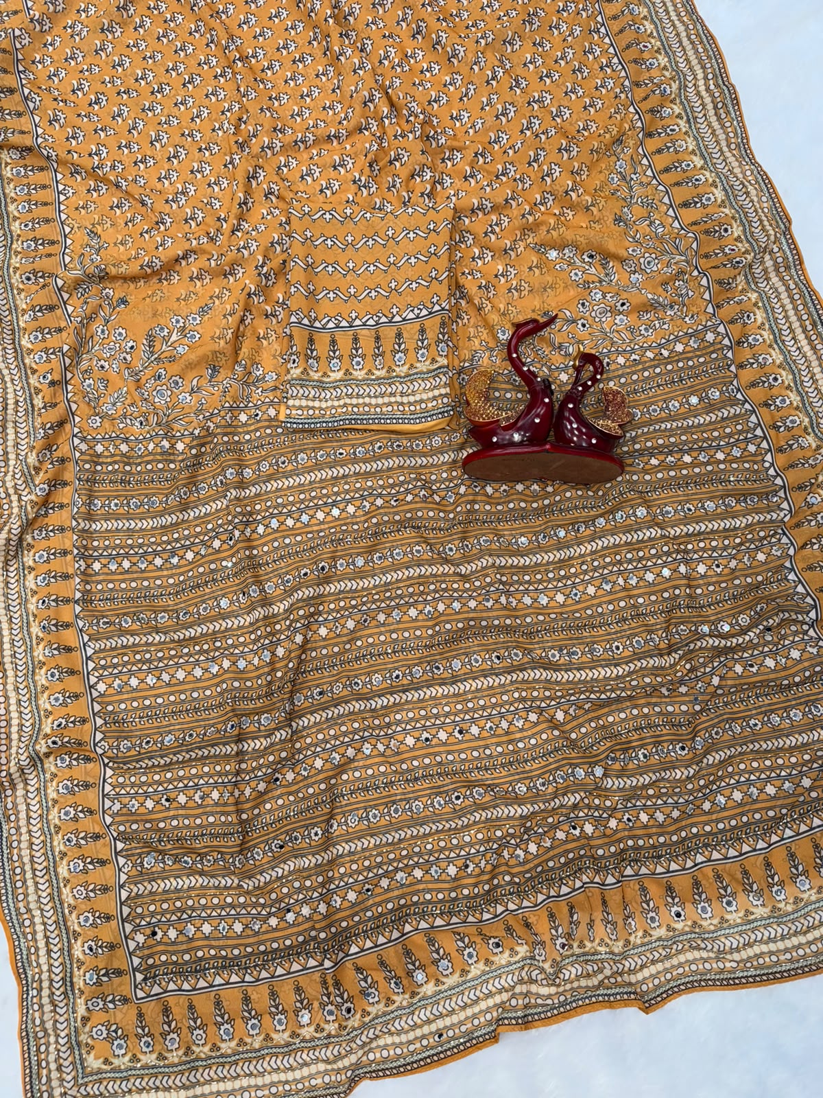Royal Ajrakh-Inspired Printed Saree with Intricate Floral Motifs & Traditional Border - YELLOW