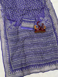 Royal Ajrakh-Inspired Printed Saree with Intricate Floral Motifs & Traditional Border - PURPLE