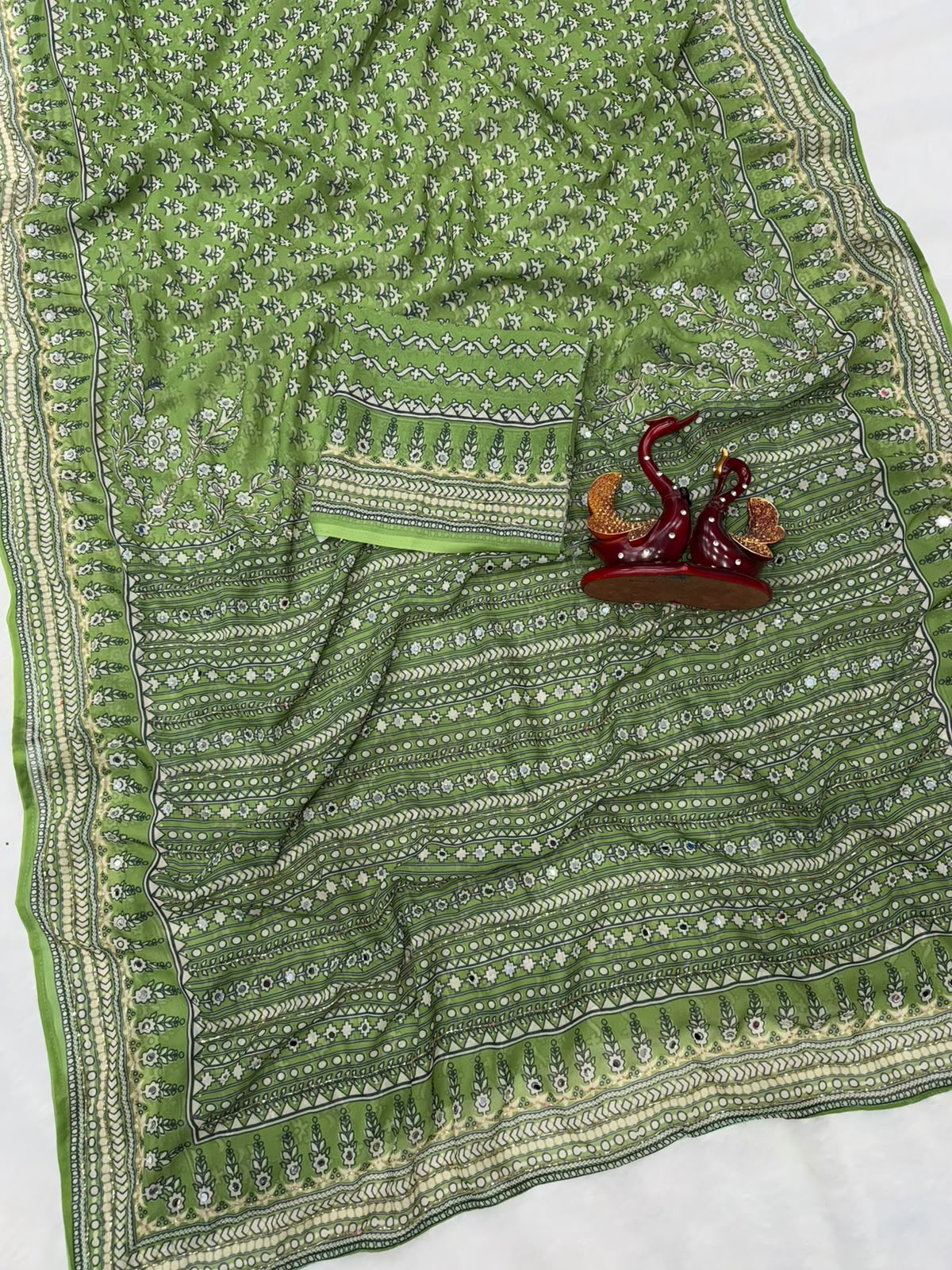 Royal Ajrakh-Inspired Printed Saree with Intricate Floral Motifs & Traditional Border - GREEN