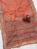 Royal Ajrakh-Inspired Printed Saree with Intricate Floral Motifs & Traditional Border - ORANGE