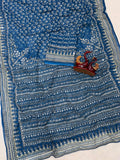 Royal Ajrakh-Inspired Printed Saree with Intricate Floral Motifs & Traditional Border - BLUE