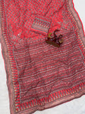 Royal Ajrakh-Inspired Printed Saree with Intricate Floral Motifs & Traditional Border - RED