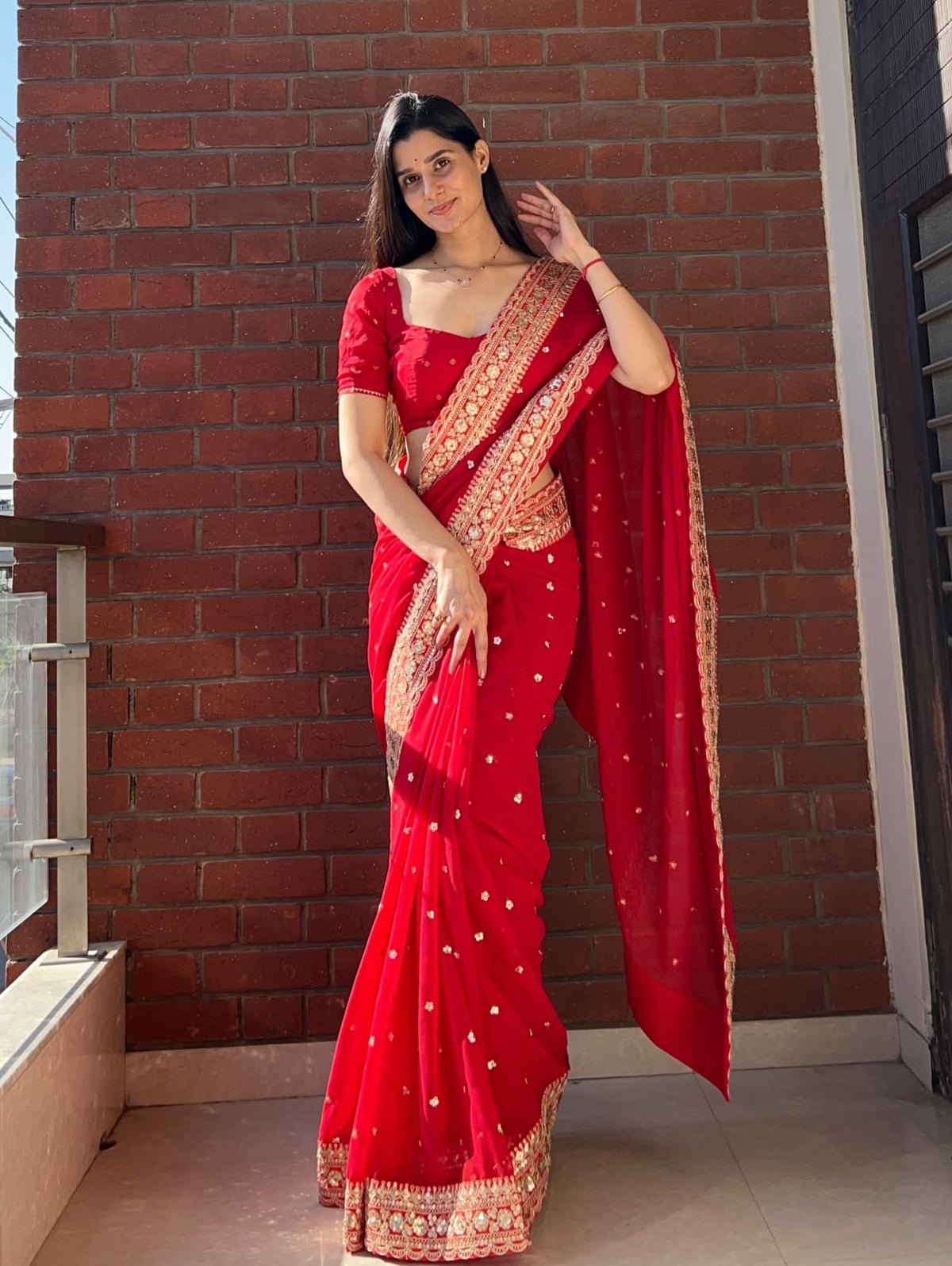 Scarlet Red Sequin & Zari Work Saree
