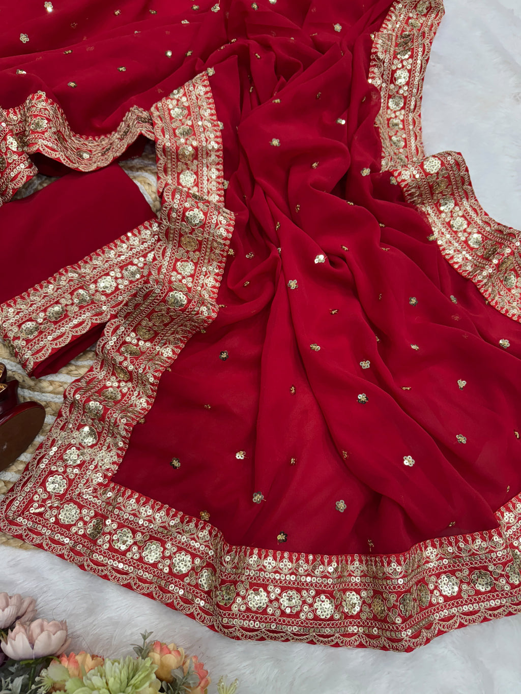 Scarlet Red Sequin & Zari Work Saree