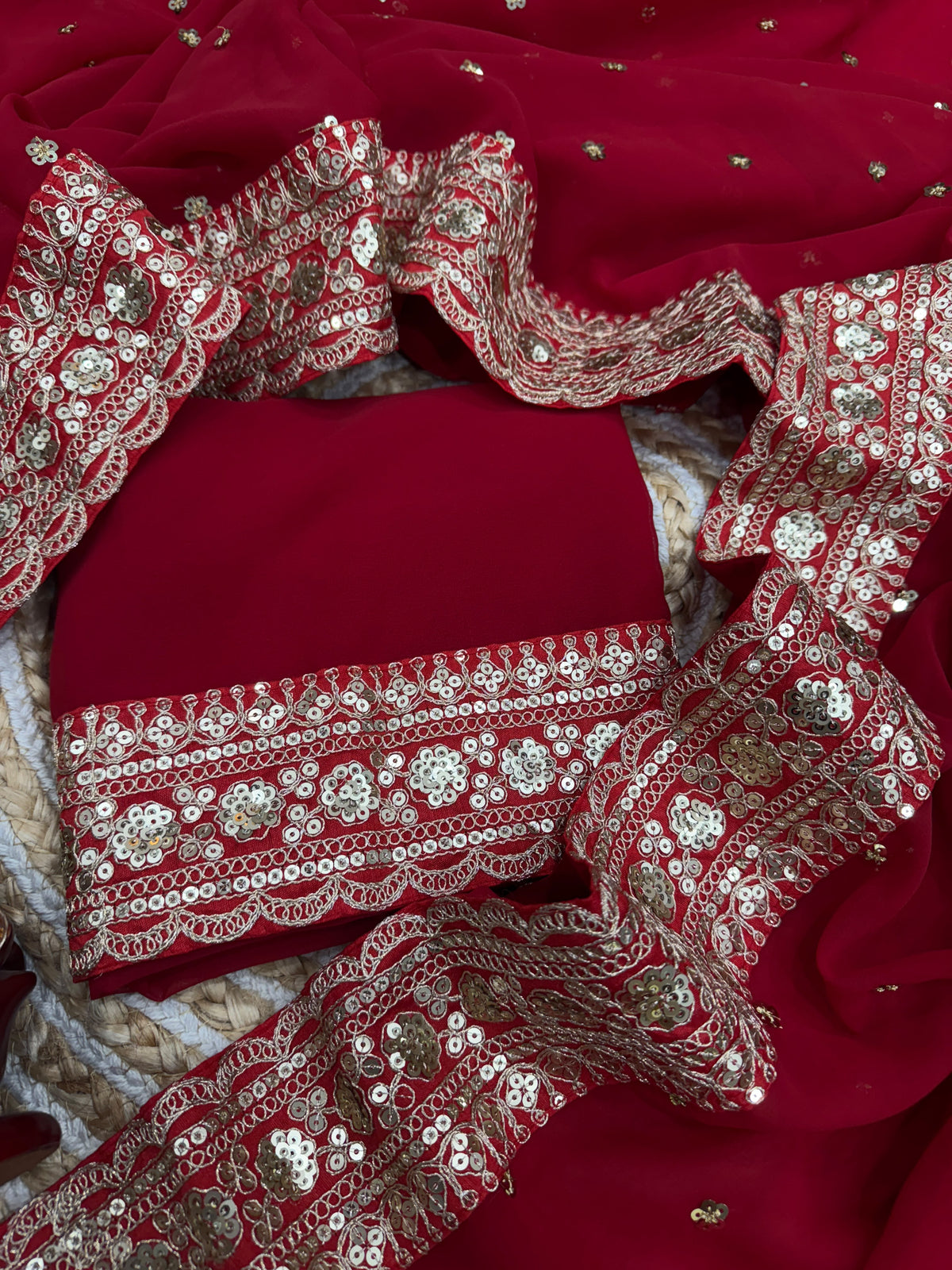 Scarlet Red Sequin & Zari Work Saree