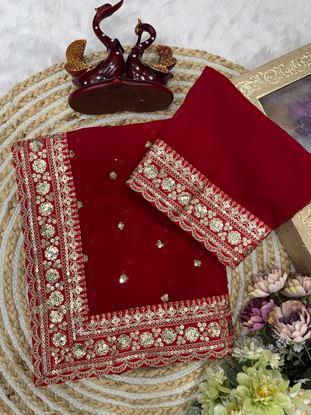 Scarlet Red Sequin & Zari Work Saree