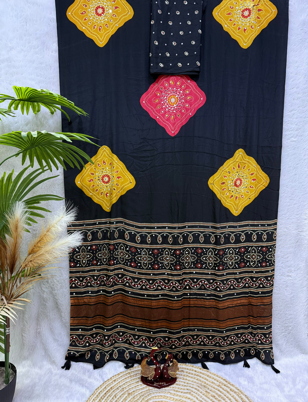 Ajrakh Inspired Printed Saree with Mustard & Maroon Motifs | Traditional Designer Saree -BLACK