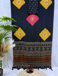 Ajrakh Inspired Printed Saree with Mustard & Maroon Motifs | Traditional Designer Saree -BLACK