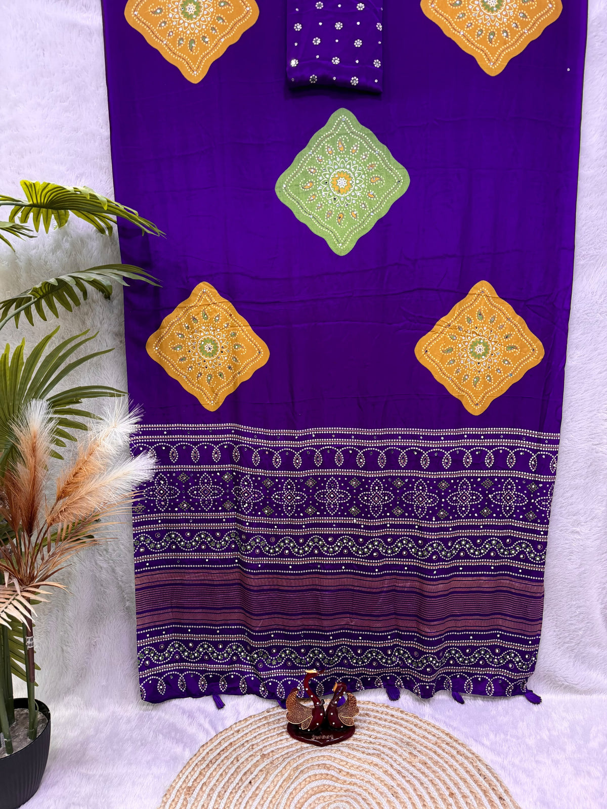 Ajrakh Inspired Printed Saree with Mustard & Maroon Motifs | Traditional Designer Saree -PURPLE