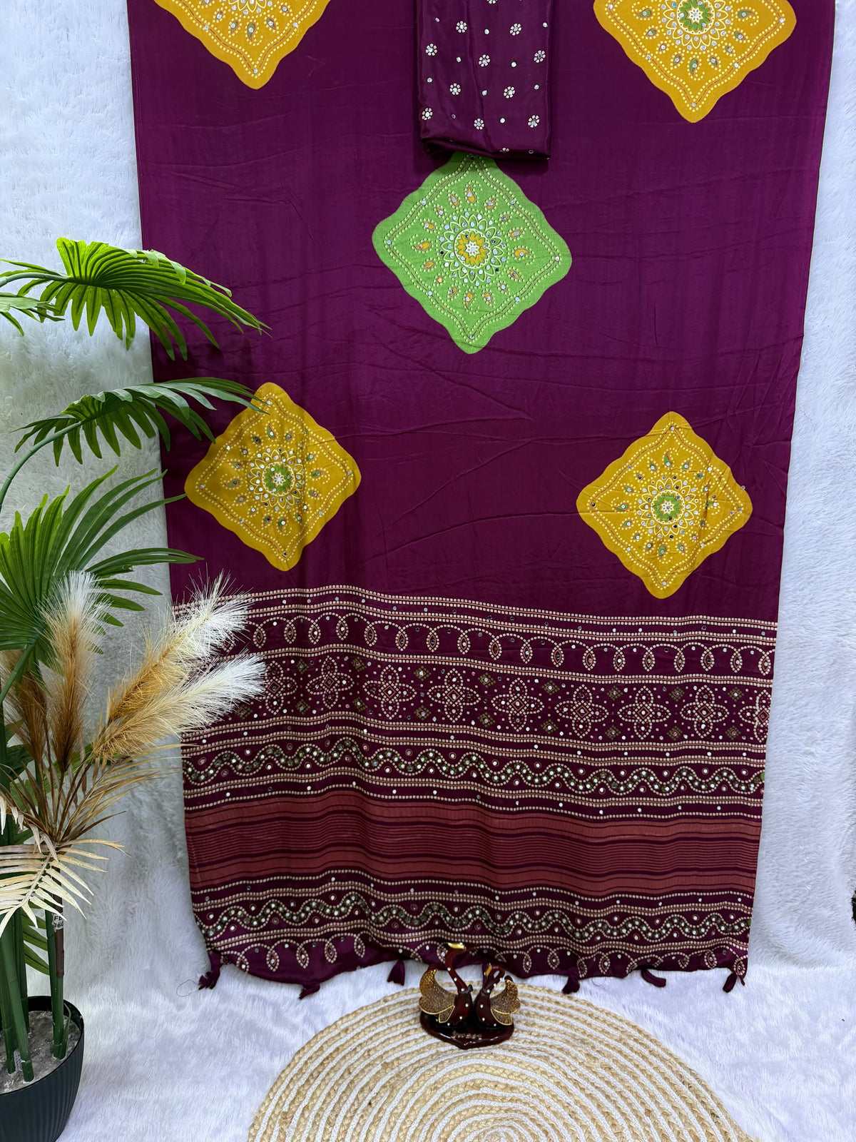 Ajrakh Inspired Printed Saree with Mustard & Maroon Motifs | Traditional Designer Saree -WINE