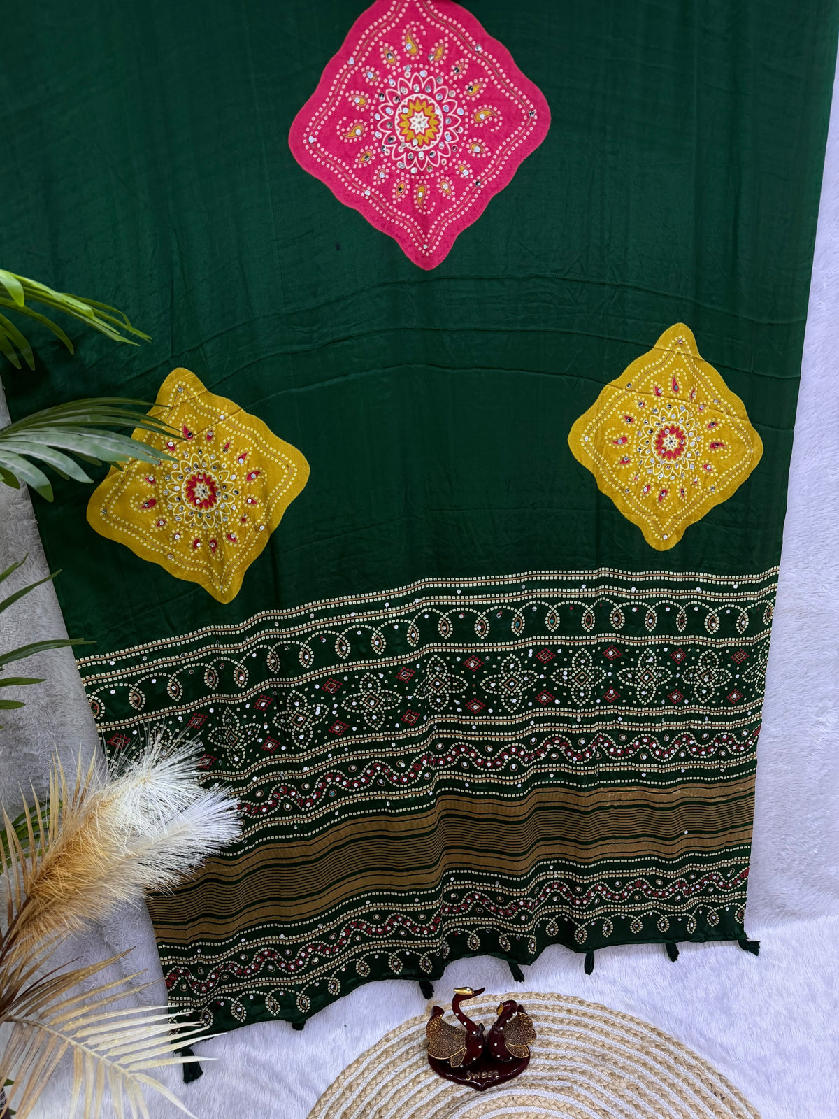 Ajrakh Inspired Printed Saree with Mustard & Maroon Motifs | Traditional Designer Saree -GREEN