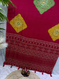 Ajrakh Inspired Printed Saree with Mustard & Maroon Motifs | Traditional Designer Saree -RED