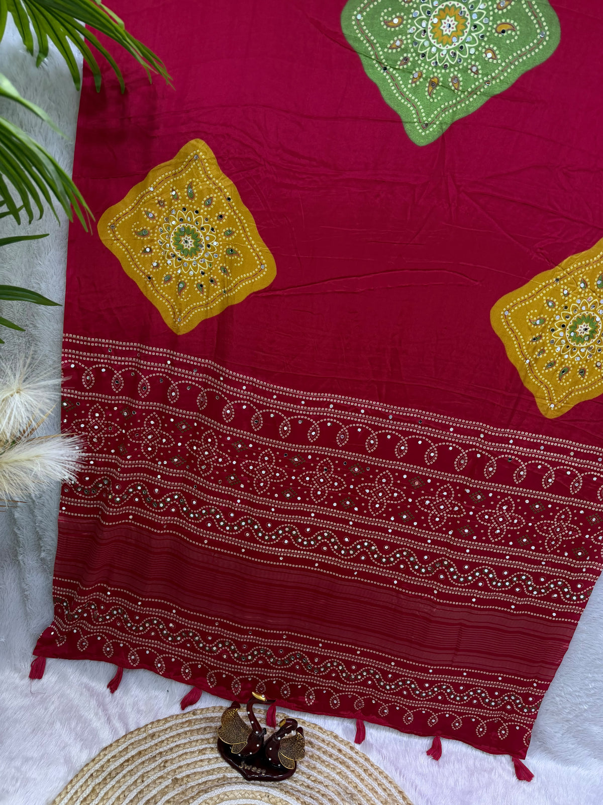 Ajrakh Inspired Printed Saree with Mustard & Maroon Motifs | Traditional Designer Saree -RED