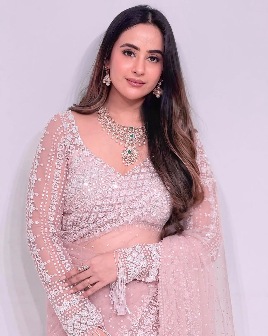 Blush Pink Sequin Embroidered Designer Saree with Full Sleeve Blouse