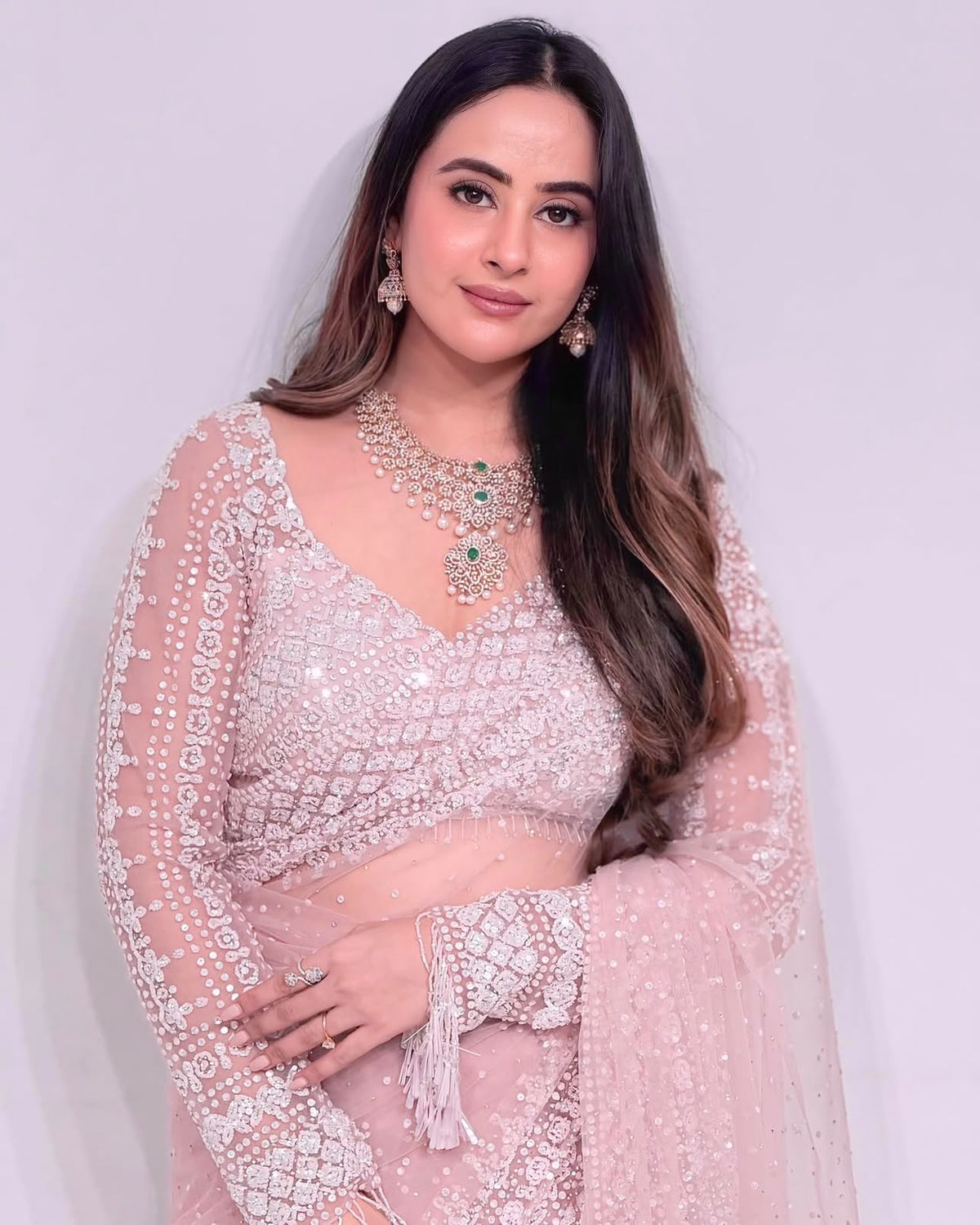 Blush Pink Sequin Embroidered Designer Saree with Full Sleeve Blouse