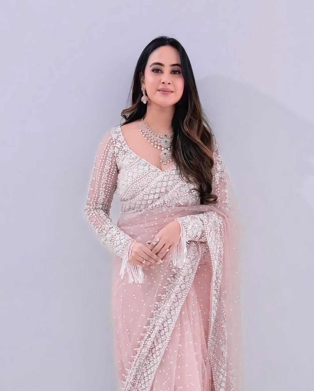 Blush Pink Sequin Embroidered Designer Saree with Full Sleeve Blouse