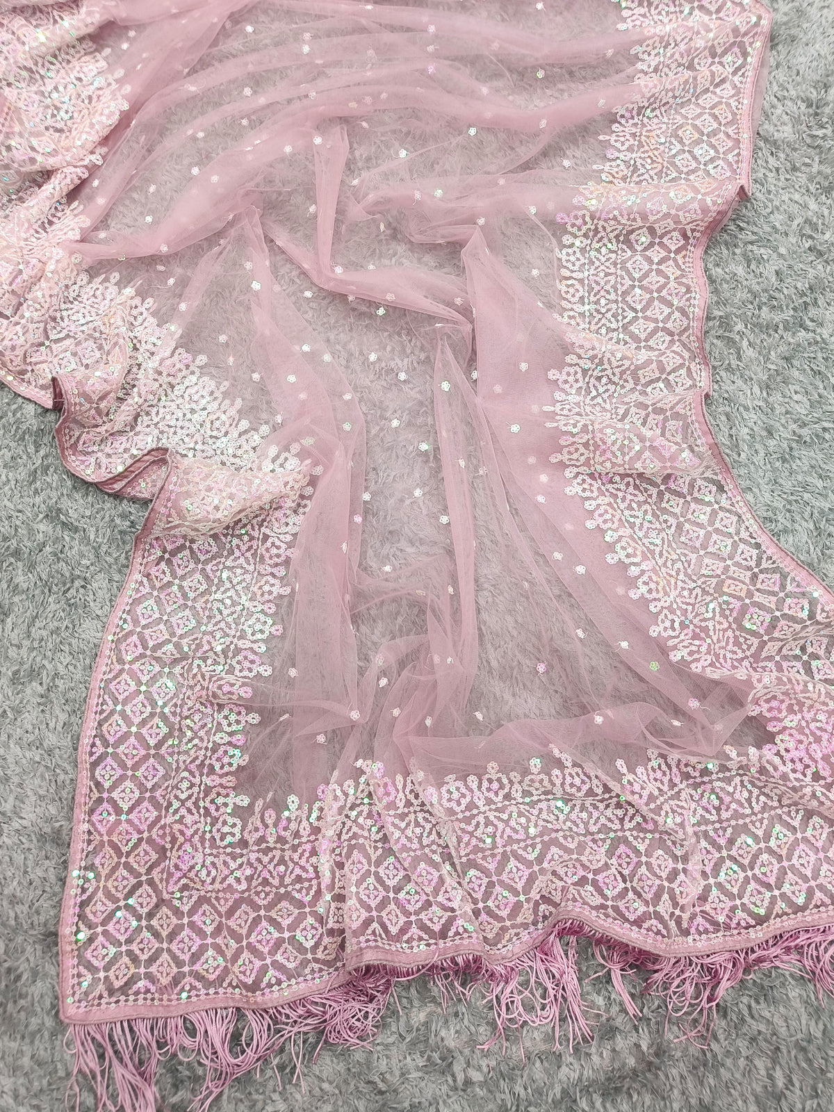Blush Pink Sequin Embroidered Designer Saree with Full Sleeve Blouse