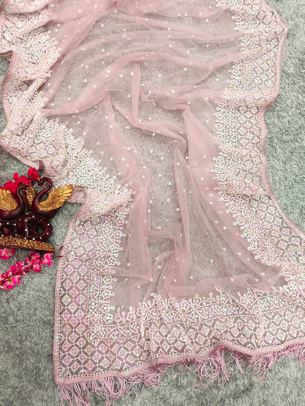 Blush Pink Sequin Embroidered Designer Saree with Full Sleeve Blouse