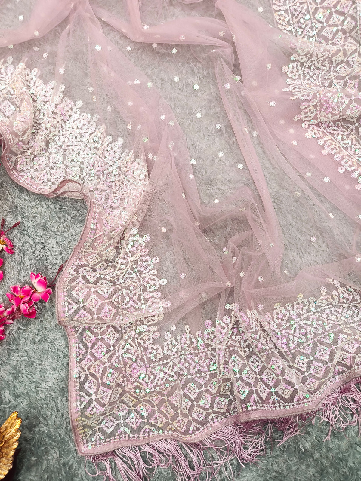 Blush Pink Sequin Embroidered Designer Saree with Full Sleeve Blouse