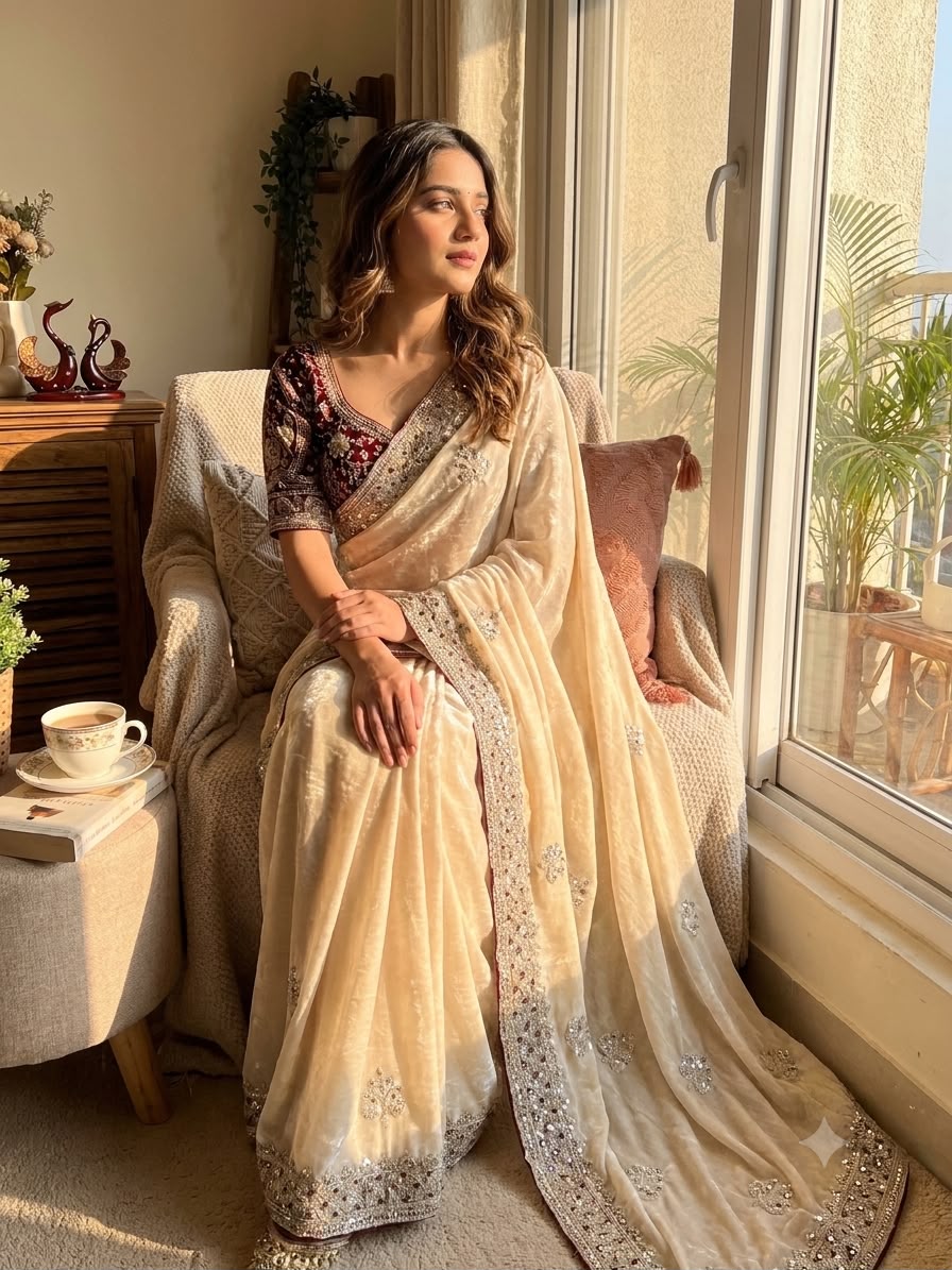 Champagne Embroidered Party Wear Saree - WHITE