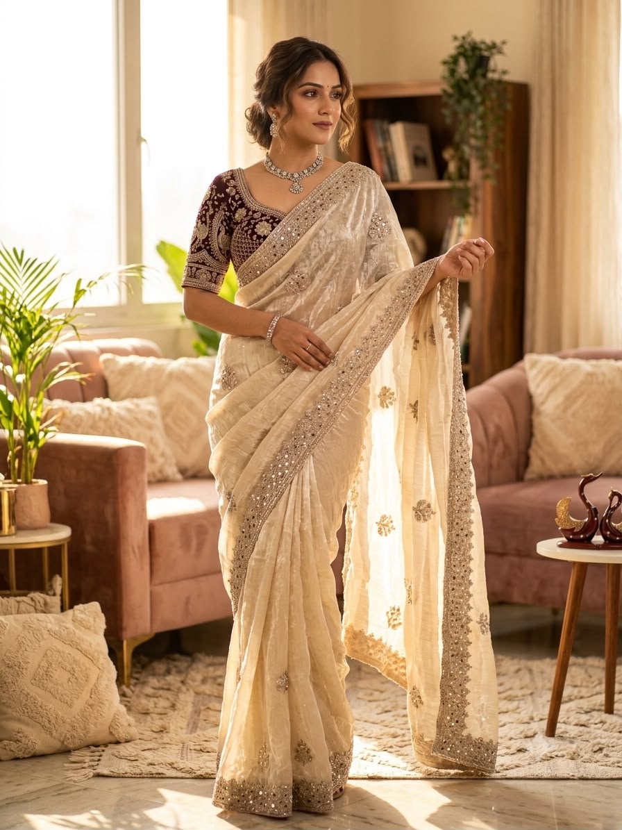 Champagne Embroidered Party Wear Saree - WHITE