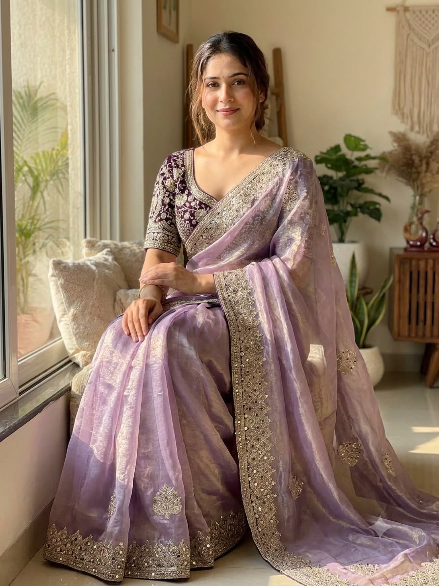 Champagne Embroidered Party Wear Saree - PURPLE