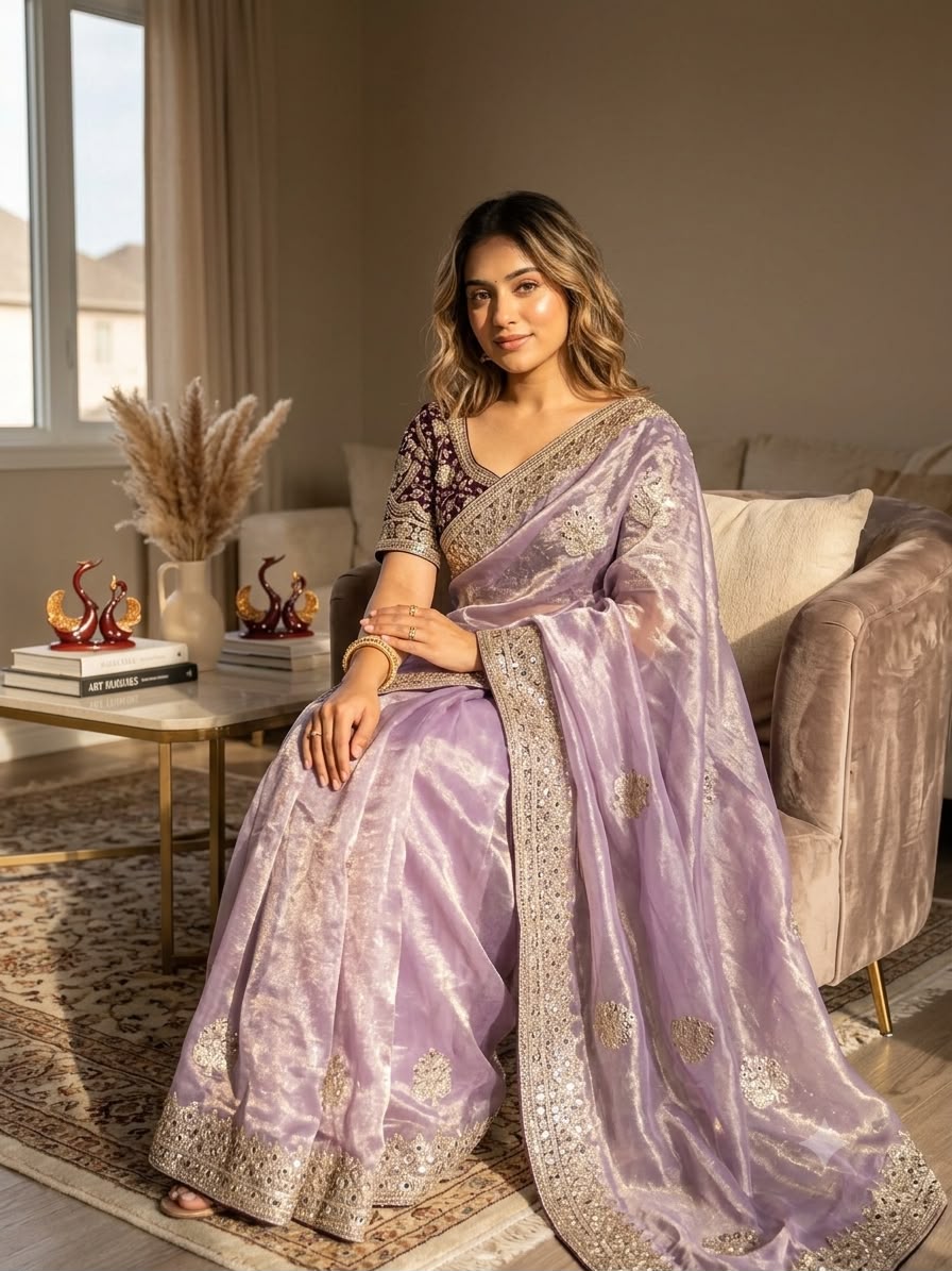 Champagne Embroidered Party Wear Saree - PURPLE