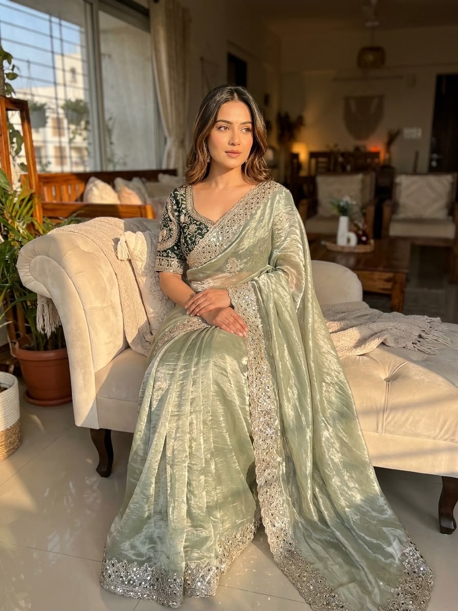 Champagne Embroidered Party Wear Saree - GREEN