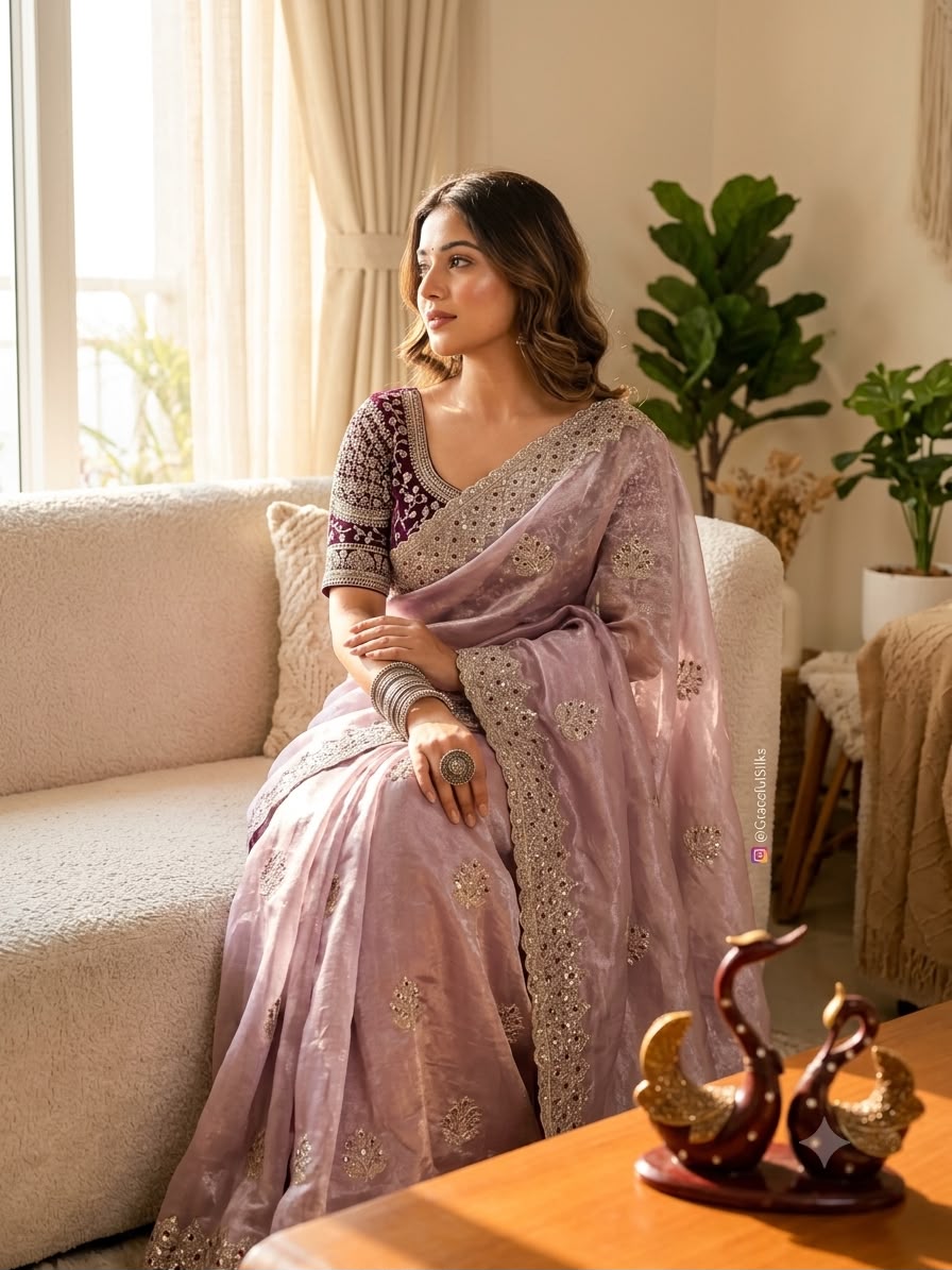 Champagne Embroidered Party Wear Saree - PINK