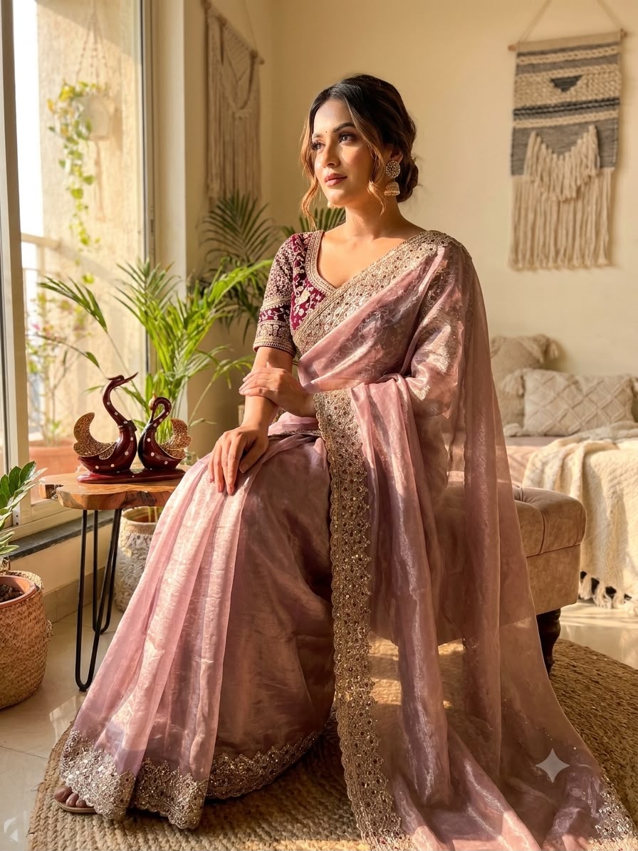 Champagne Embroidered Party Wear Saree - PINK