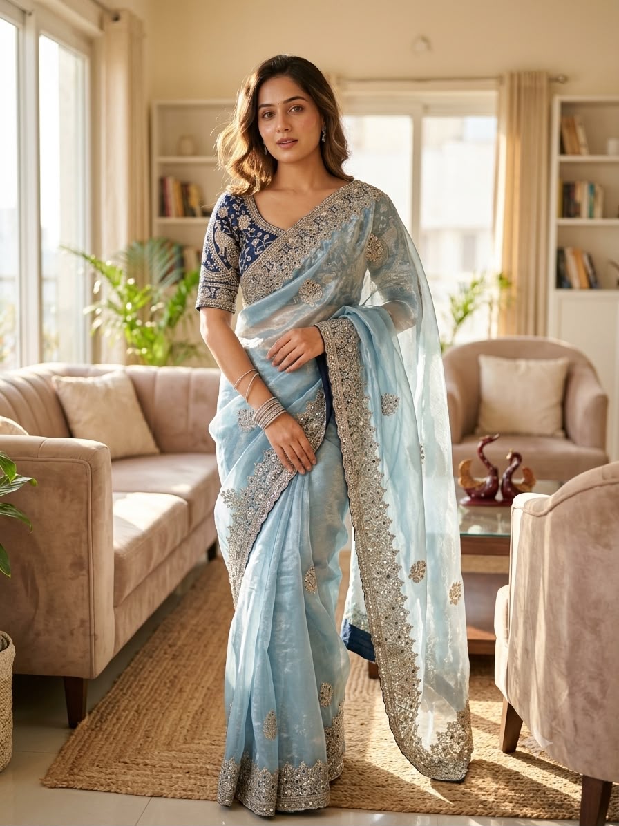 Champagne Embroidered Party Wear Saree - SKY