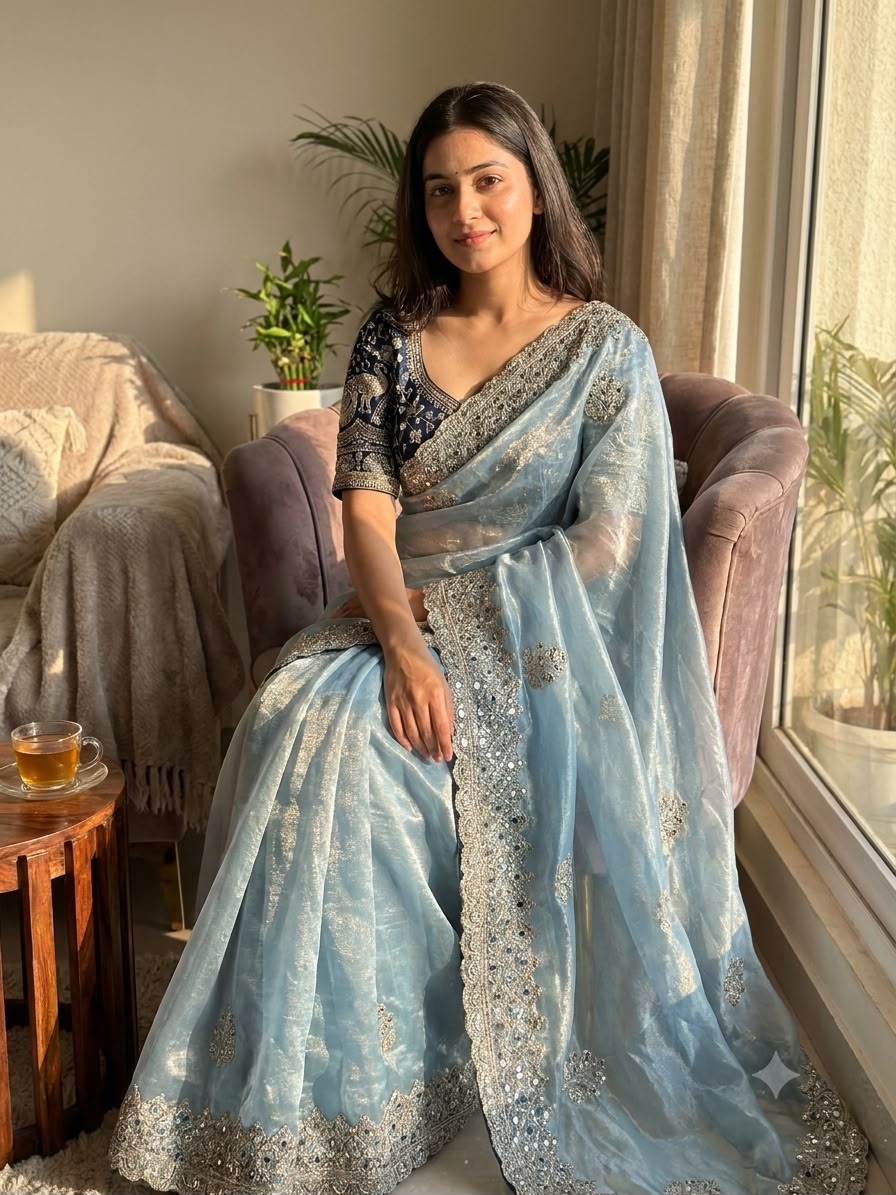 Champagne Embroidered Party Wear Saree - SKY
