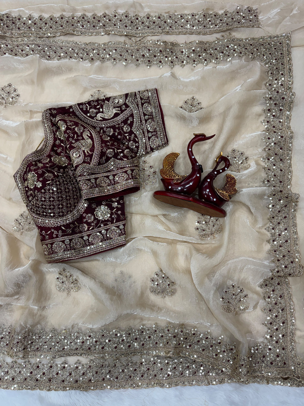 Champagne Embroidered Party Wear Saree - WHITE