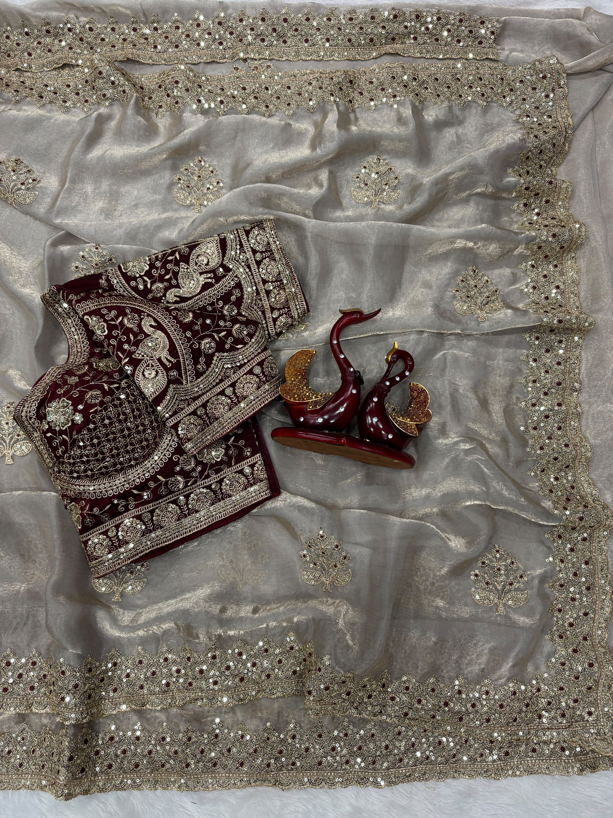 Champagne Embroidered Party Wear Saree - WHITE