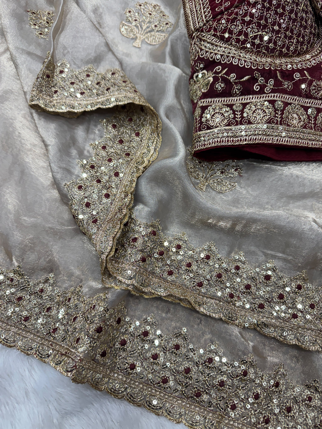Champagne Embroidered Party Wear Saree - WHITE