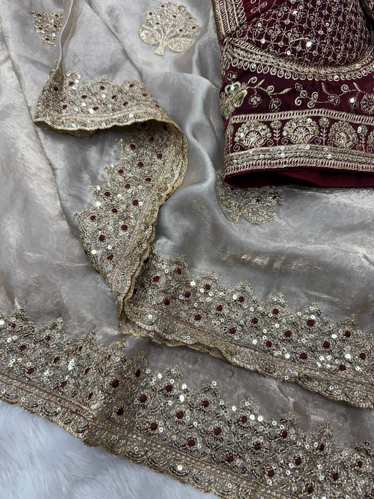 Champagne Embroidered Party Wear Saree - WHITE