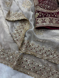 Champagne Embroidered Party Wear Saree - WHITE