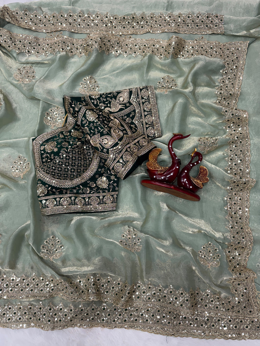 Champagne Embroidered Party Wear Saree - GREEN