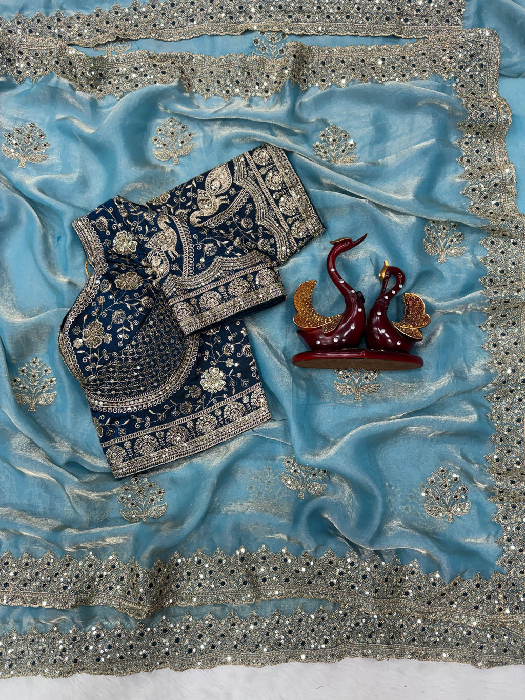 Champagne Embroidered Party Wear Saree - SKY