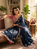 Premium Designer Embroidered Saree Collection with Heavy Sequin Work, Floral Blouse & Rich Scalloped Border  - NAVY BLUED(Copy) (Copy)