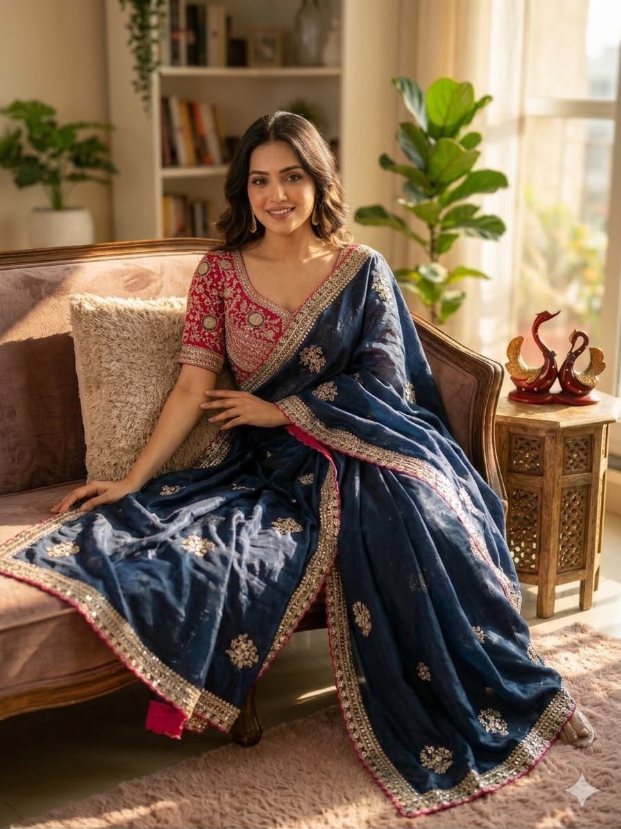 Premium Designer Embroidered Saree Collection with Heavy Sequin Work, Floral Blouse & Rich Scalloped Border  - NAVY BLUED(Copy) (Copy)