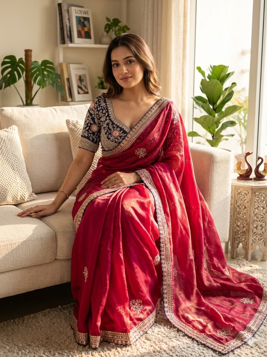 Premium Designer Embroidered Saree Collection with Heavy Sequin Work, Floral Blouse & Rich Scalloped Border  -RED