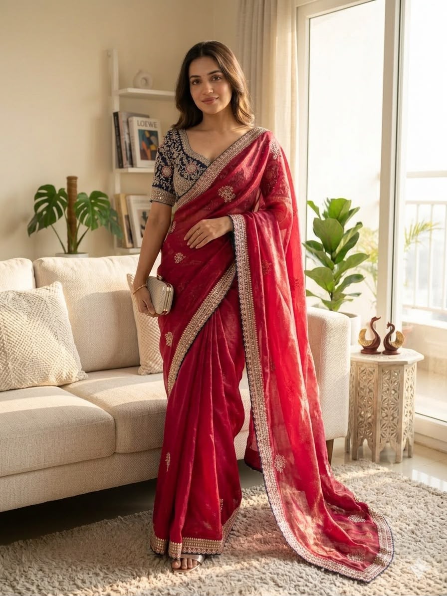 Premium Designer Embroidered Saree Collection with Heavy Sequin Work, Floral Blouse & Rich Scalloped Border  -RED