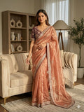 Premium Designer Embroidered Saree Collection with Heavy Sequin Work, Floral Blouse & Rich Scalloped Border  -PEACH