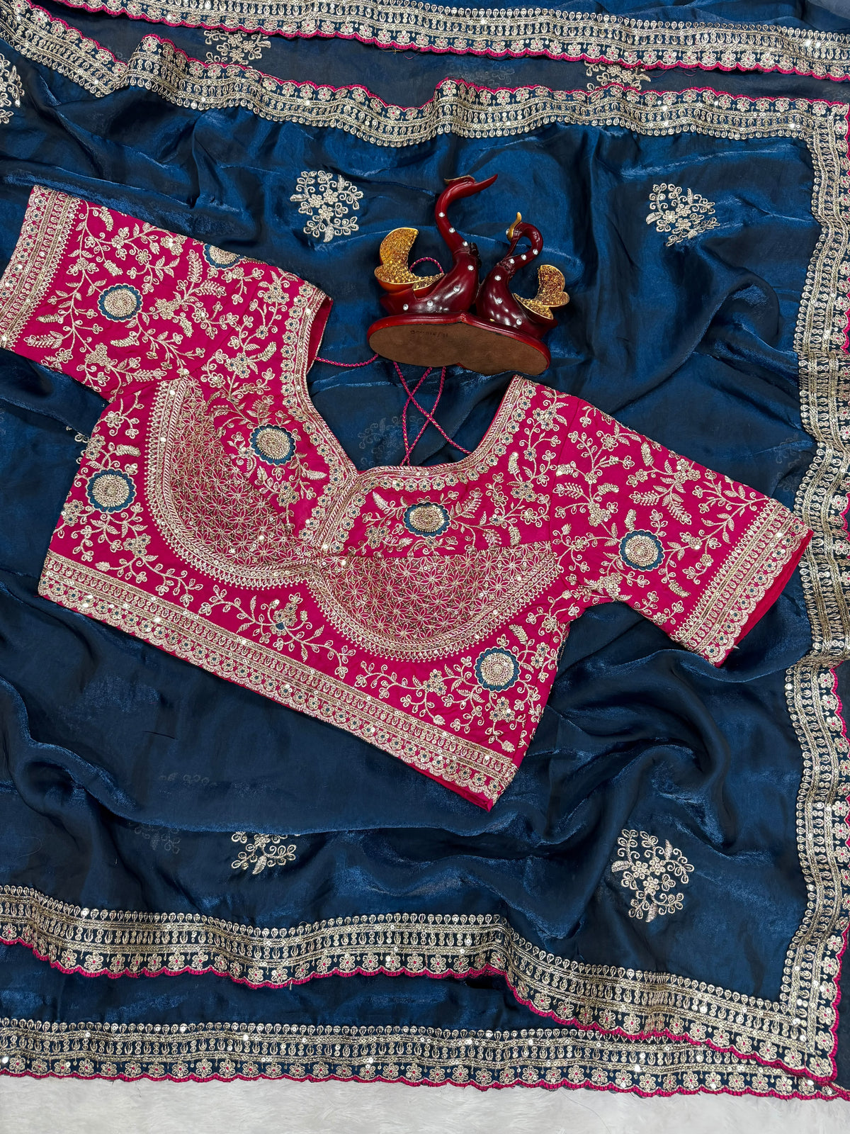 Premium Designer Embroidered Saree Collection with Heavy Sequin Work, Floral Blouse & Rich Scalloped Border  - NAVY BLUED(Copy) (Copy)