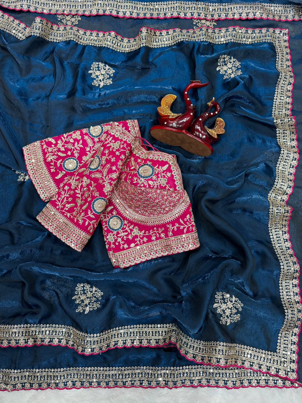 Premium Designer Embroidered Saree Collection with Heavy Sequin Work, Floral Blouse & Rich Scalloped Border  - NAVY BLUED(Copy) (Copy)
