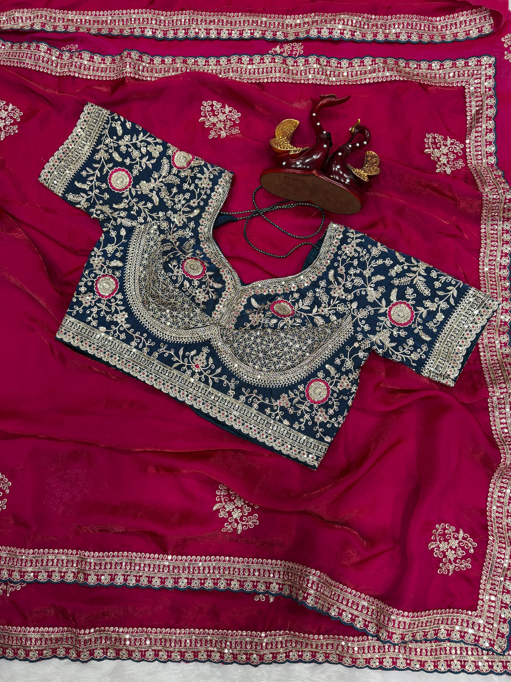 Premium Designer Embroidered Saree Collection with Heavy Sequin Work, Floral Blouse & Rich Scalloped Border  -RED