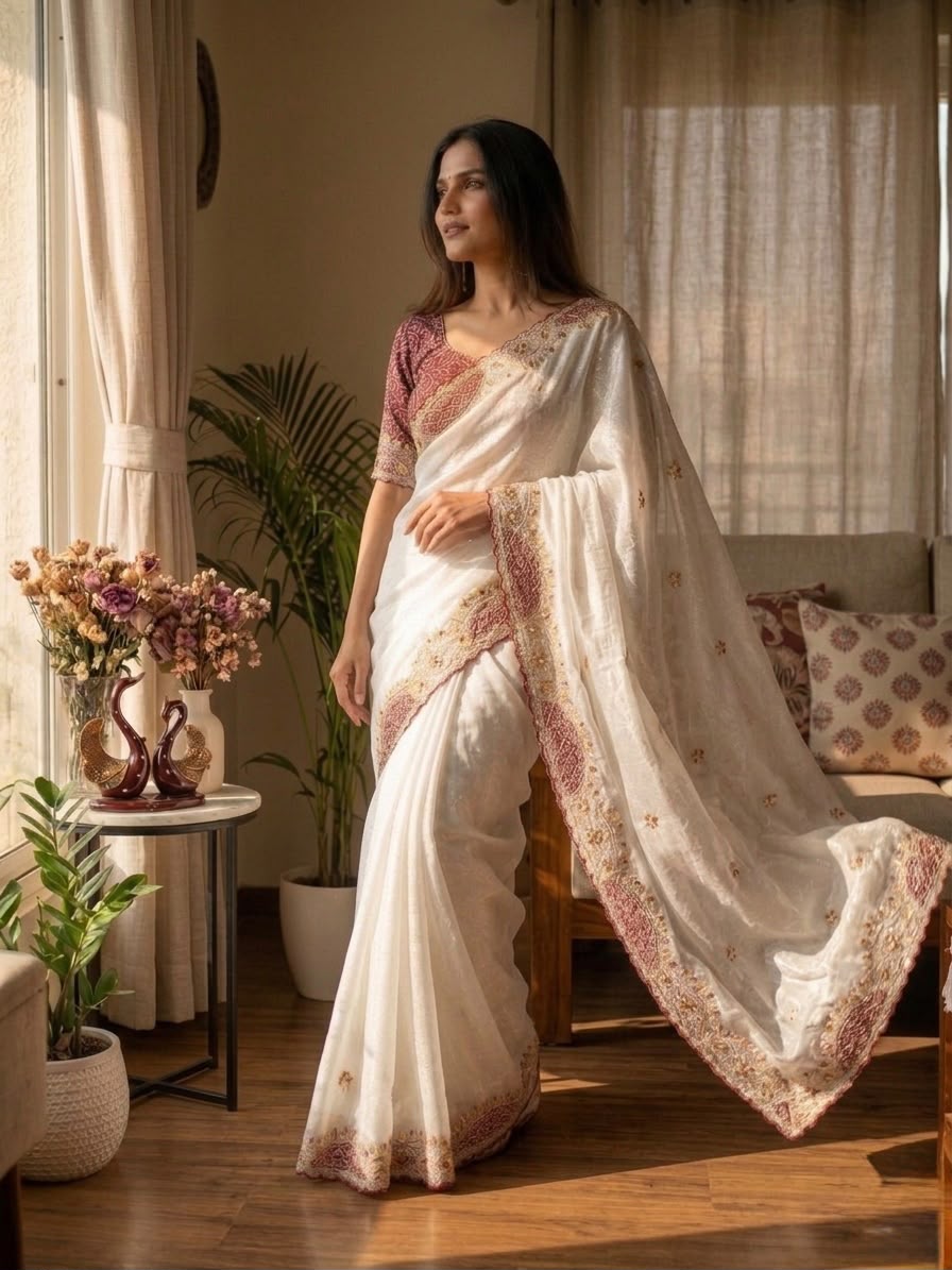 Elegant Off-White Organza Saree with Designer Embroidered Border & Matching Blouse